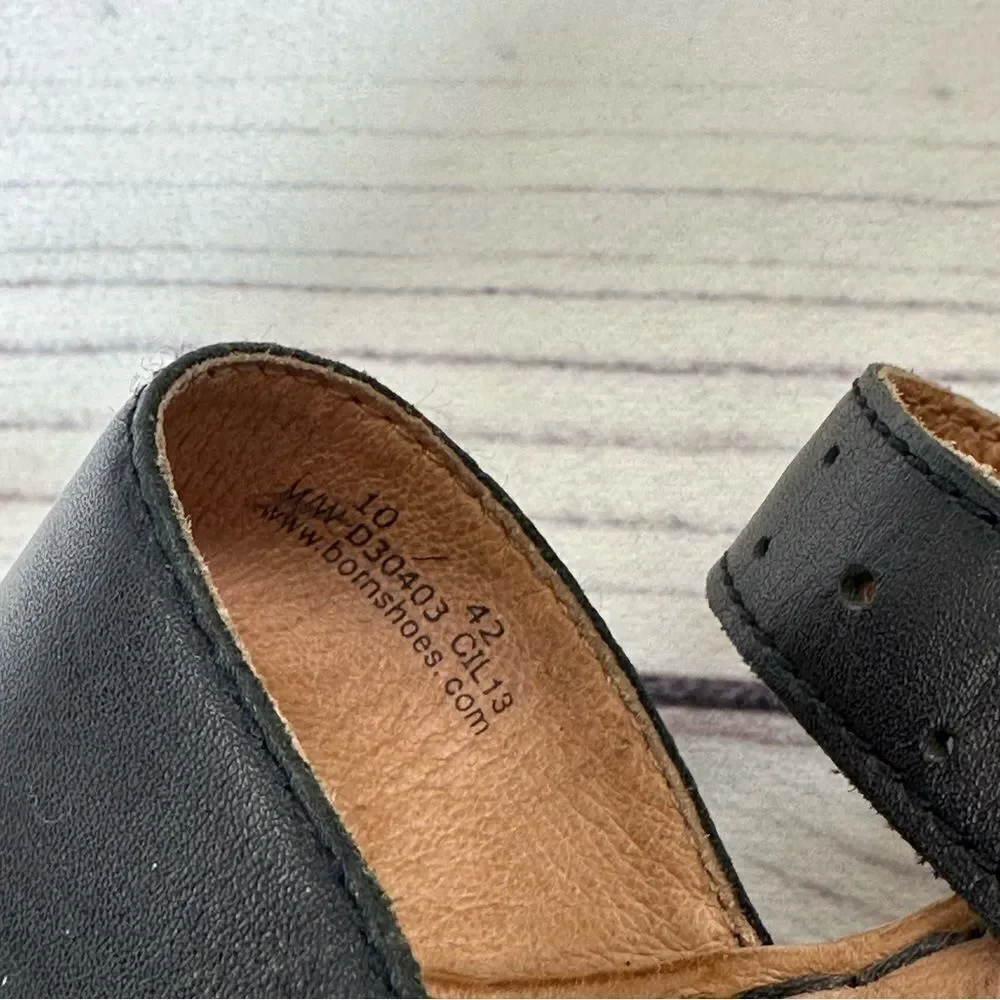 BORN Cork 3” Wedge Heel Strappy Slip-On Black Leather Sandals Sz‎ 10 Platform
